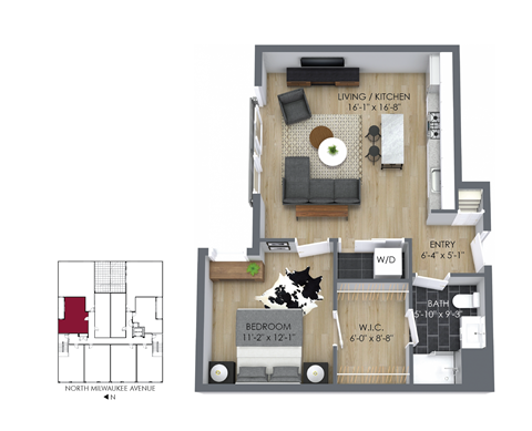 Floor plan for 1 bed, 1 bath, 672 sqft